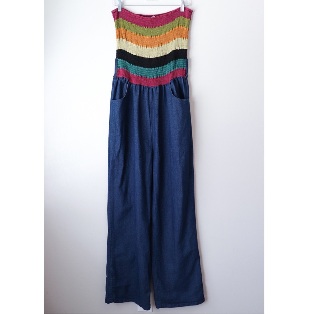 Vintage 90s Y2K Strapless Multicolor Smocked Denim Wide Leg Jumpsuit 20